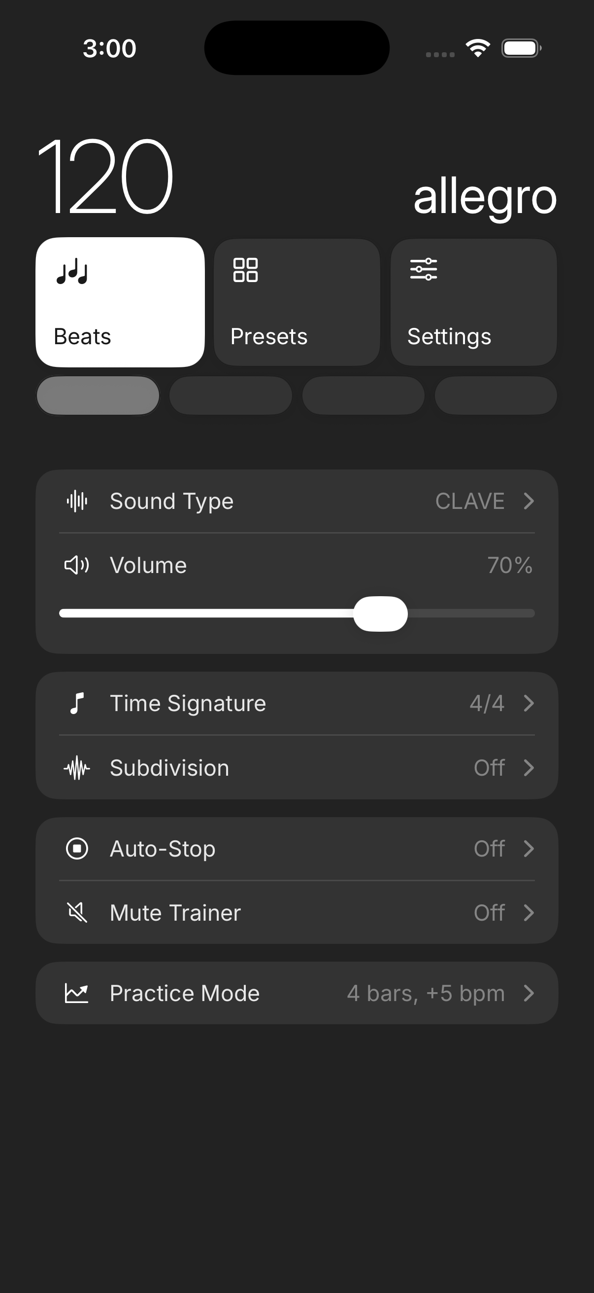Rhythm settings page